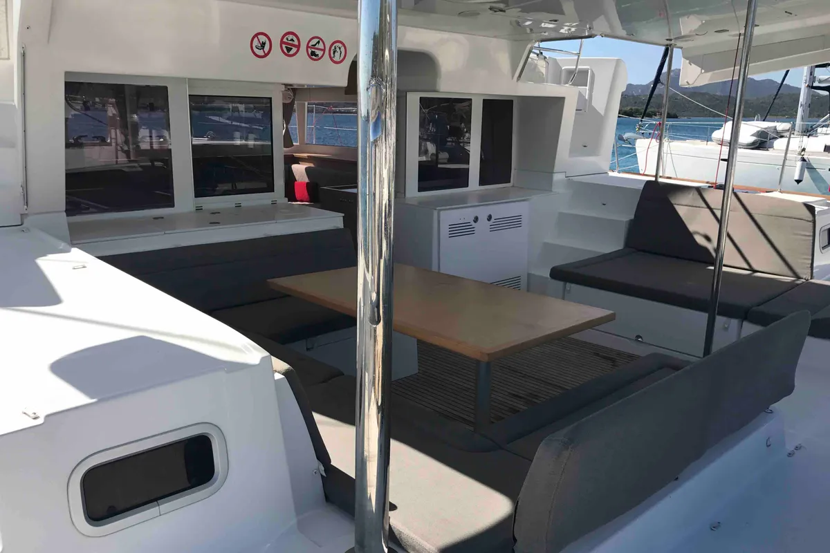 Deck of Dugongo, a Lagoon 450 Fly catamaran at Olbia, Italy