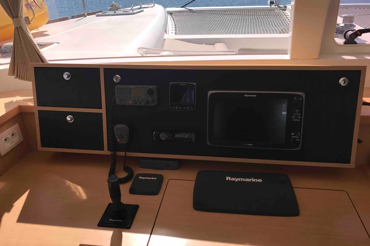Cockpit of Dugongo, a Lagoon 450 Fly catamaran at Olbia, Italy
