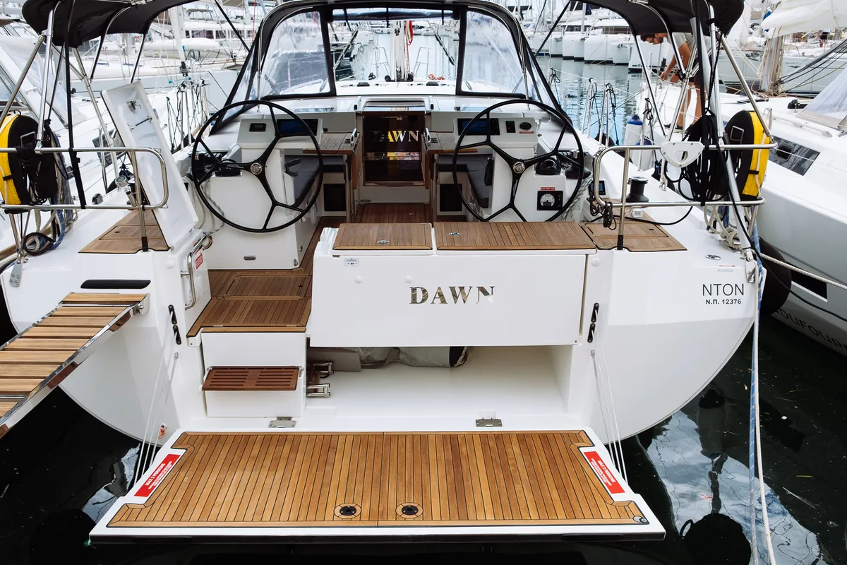 Cockpit of Dawn, a Bavaria C45 sailboat at Municipal Unit of Lefkada, Greece