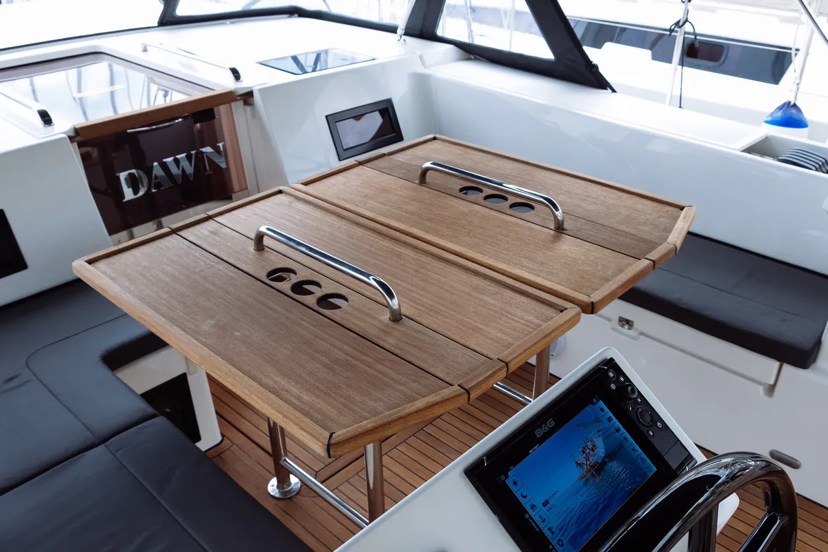 Cockpit of Dawn, a Bavaria C45 sailboat at Municipal Unit of Lefkada, Greece