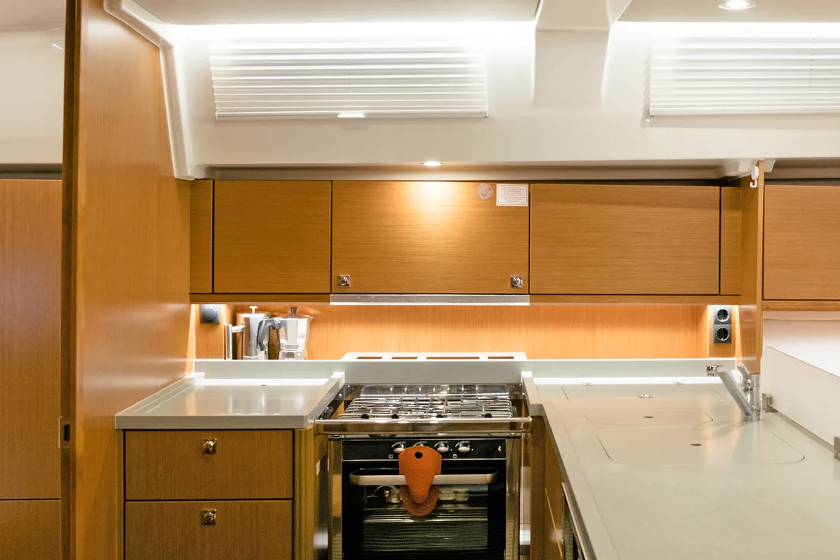 Galley of Dawn, a Bavaria C45 sailboat at Municipal Unit of Lefkada, Greece