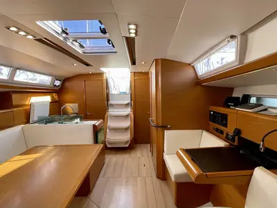 Salon of Amelie, a Jeanneau Sun Odyssey 449 sailboat at Kontokali, Greece