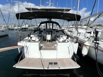 Cockpit of Amelie, a Jeanneau Sun Odyssey 449 sailboat at Kontokali, Greece