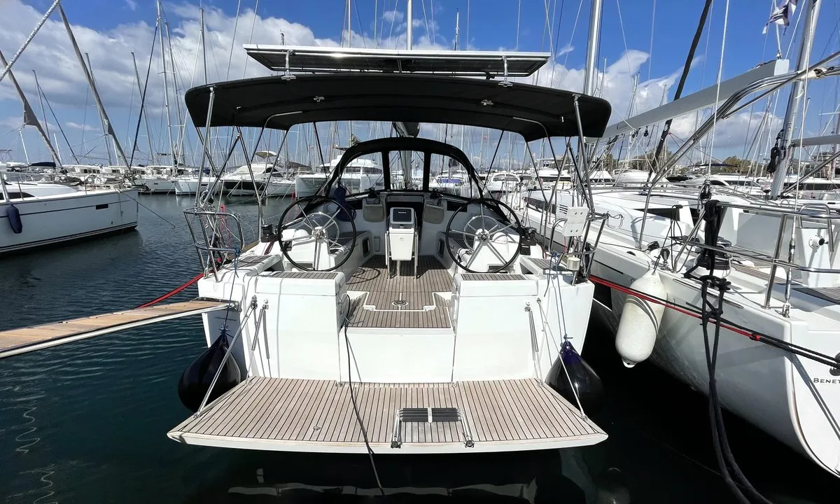 Cockpit of Amelie, a Jeanneau Sun Odyssey 449 sailboat at Kontokali, Greece