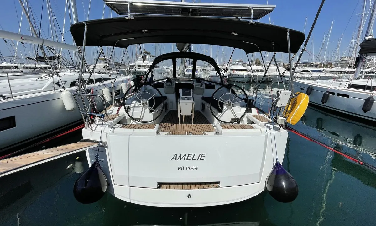 Exterior view of Amelie, a Jeanneau Sun Odyssey 449 sailboat at Kontokali, Greece