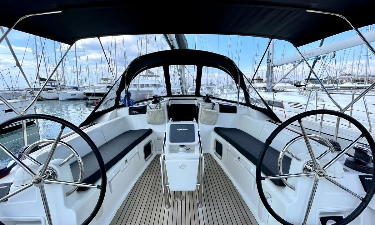 Cockpit of Amelie, a Jeanneau Sun Odyssey 449 sailboat at Kontokali, Greece