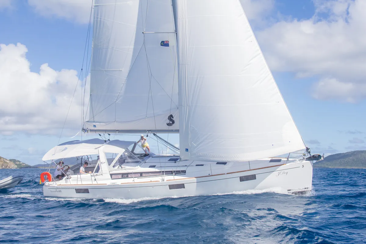 Exterior view of J Dog, a Beneteau Oceanis 48 sailboat at Road Town, British Virgin Islands