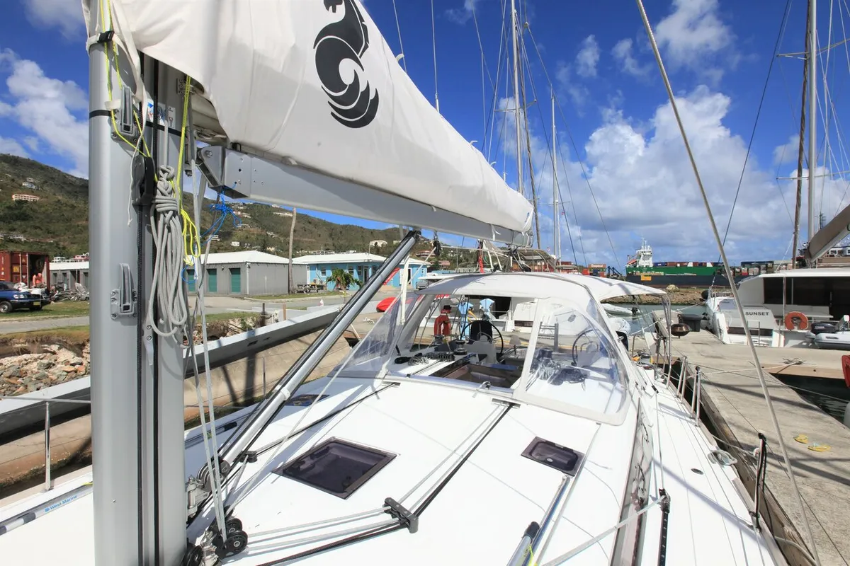 Deck of J Dog, a Beneteau Oceanis 48 sailboat at Road Town, British Virgin Islands