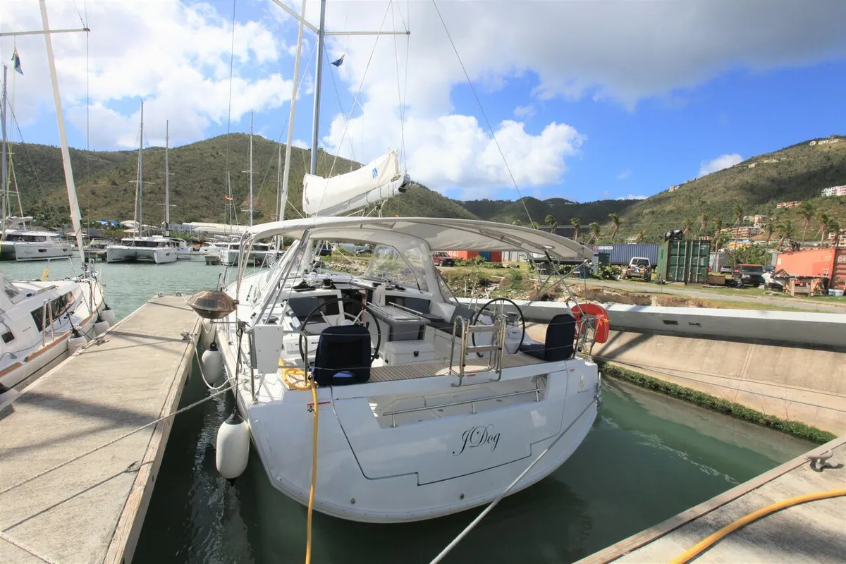 Exterior view of J Dog, a Beneteau Oceanis 48 sailboat at Road Town, British Virgin Islands