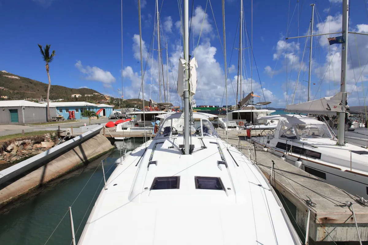 Exterior view of J Dog, a Beneteau Oceanis 48 sailboat at Road Town, British Virgin Islands