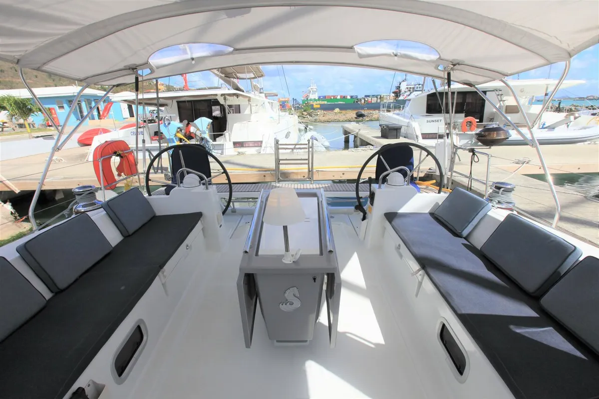 Cockpit of J Dog, a Beneteau Oceanis 48 sailboat at Road Town, British Virgin Islands