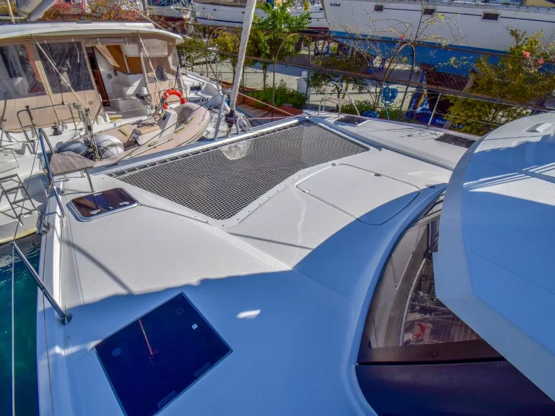 Deck of Amber, a Fountaine Pajot Lucia 40 catamaran at Marmaris, Turkey