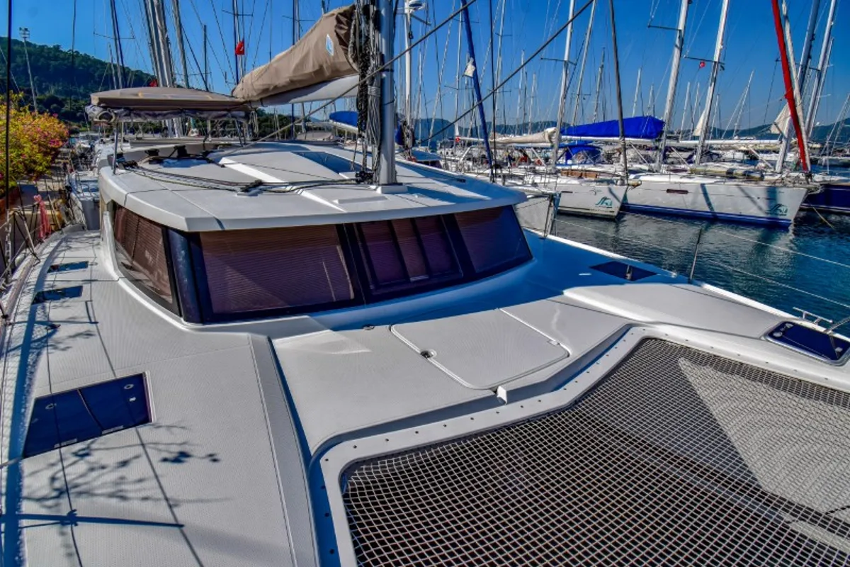 Deck of Amber, a Fountaine Pajot Lucia 40 catamaran at Marmaris, Turkey