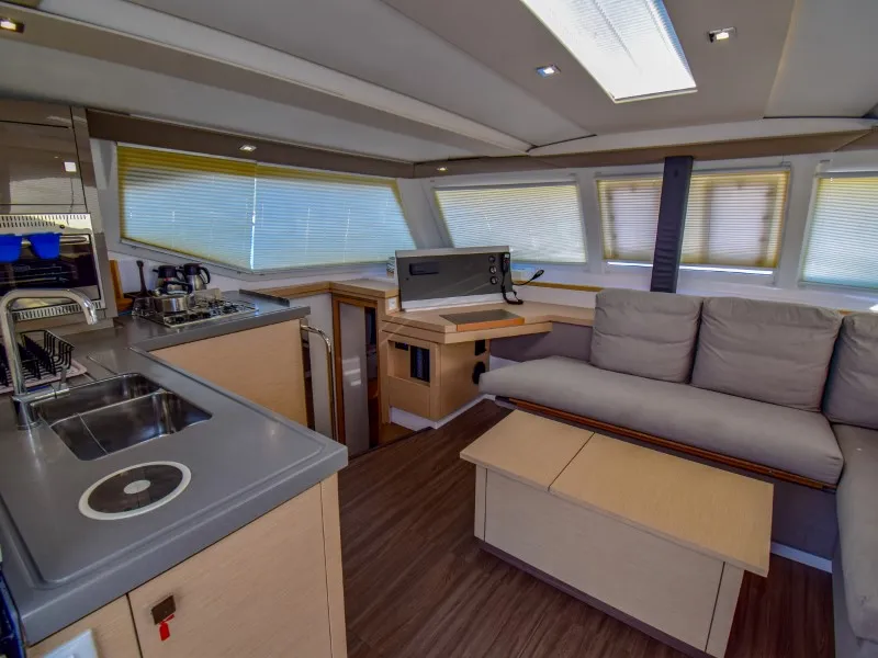 Salon of Amber, a Fountaine Pajot Lucia 40 catamaran at Marmaris, Turkey