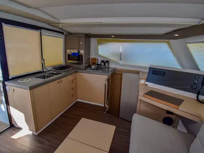 Galley of Amber, a Fountaine Pajot Lucia 40 catamaran at Marmaris, Turkey