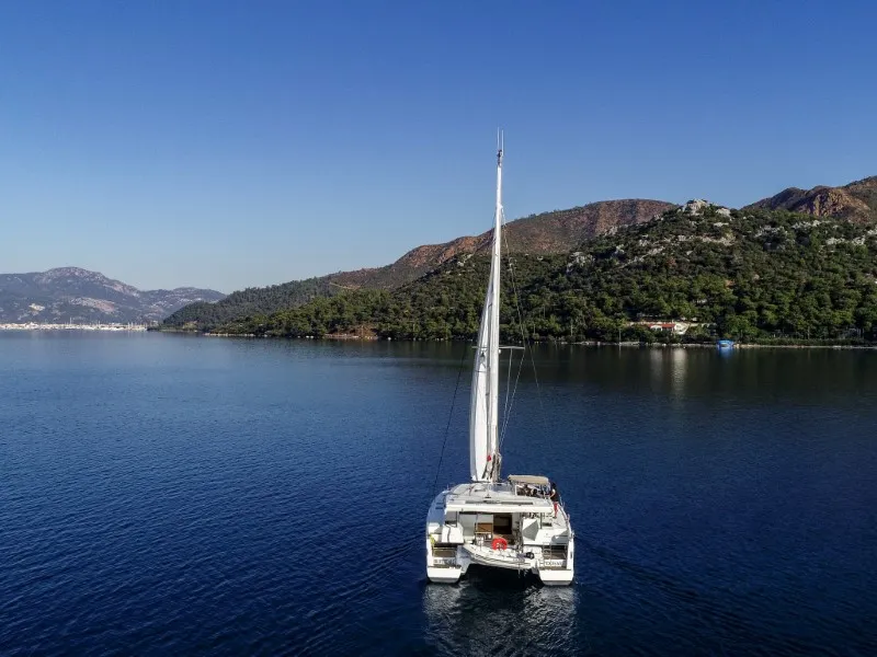 Exterior view of Amber, a Fountaine Pajot Lucia 40 catamaran at Marmaris, Turkey