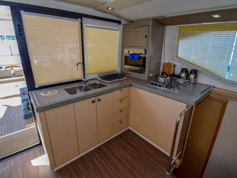 Galley of Amber, a Fountaine Pajot Lucia 40 catamaran at Marmaris, Turkey