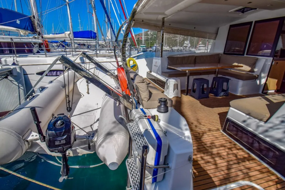 Deck of Amber, a Fountaine Pajot Lucia 40 catamaran at Marmaris, Turkey