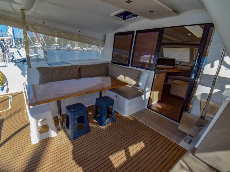 Deck of Amber, a Fountaine Pajot Lucia 40 catamaran at Marmaris, Turkey