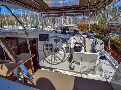 Cockpit of Amber, a Fountaine Pajot Lucia 40 catamaran at Marmaris, Turkey