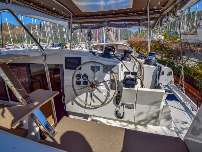 Cockpit of Amber, a Fountaine Pajot Lucia 40 catamaran at Marmaris, Turkey