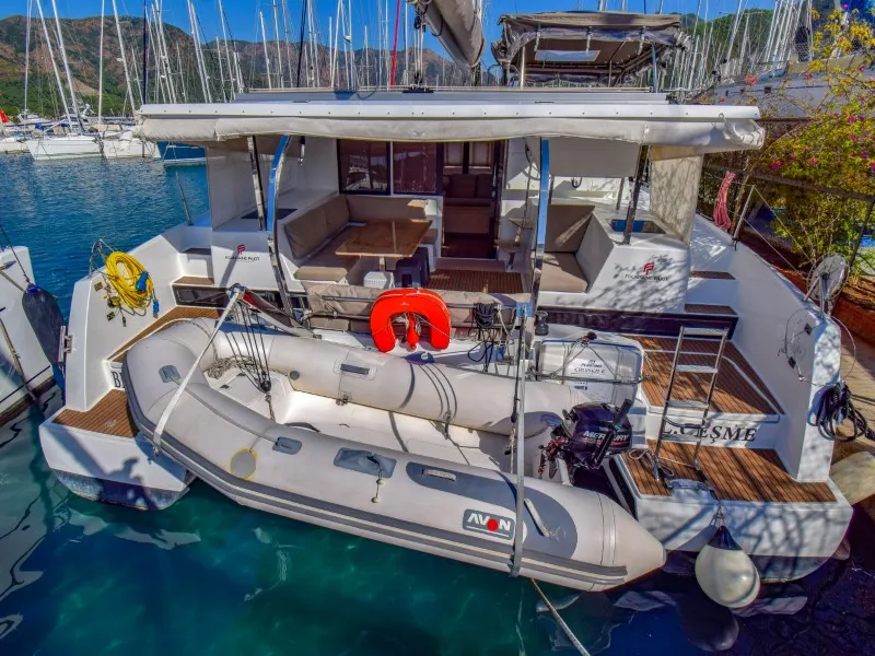 Exterior view of Amber, a Fountaine Pajot Lucia 40 catamaran at Marmaris, Turkey