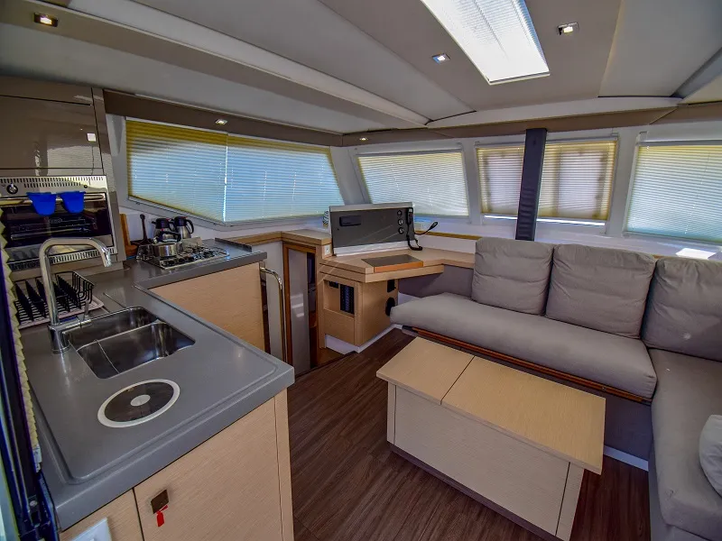Salon of Amber, a Fountaine Pajot Lucia 40 catamaran at Marmaris, Turkey