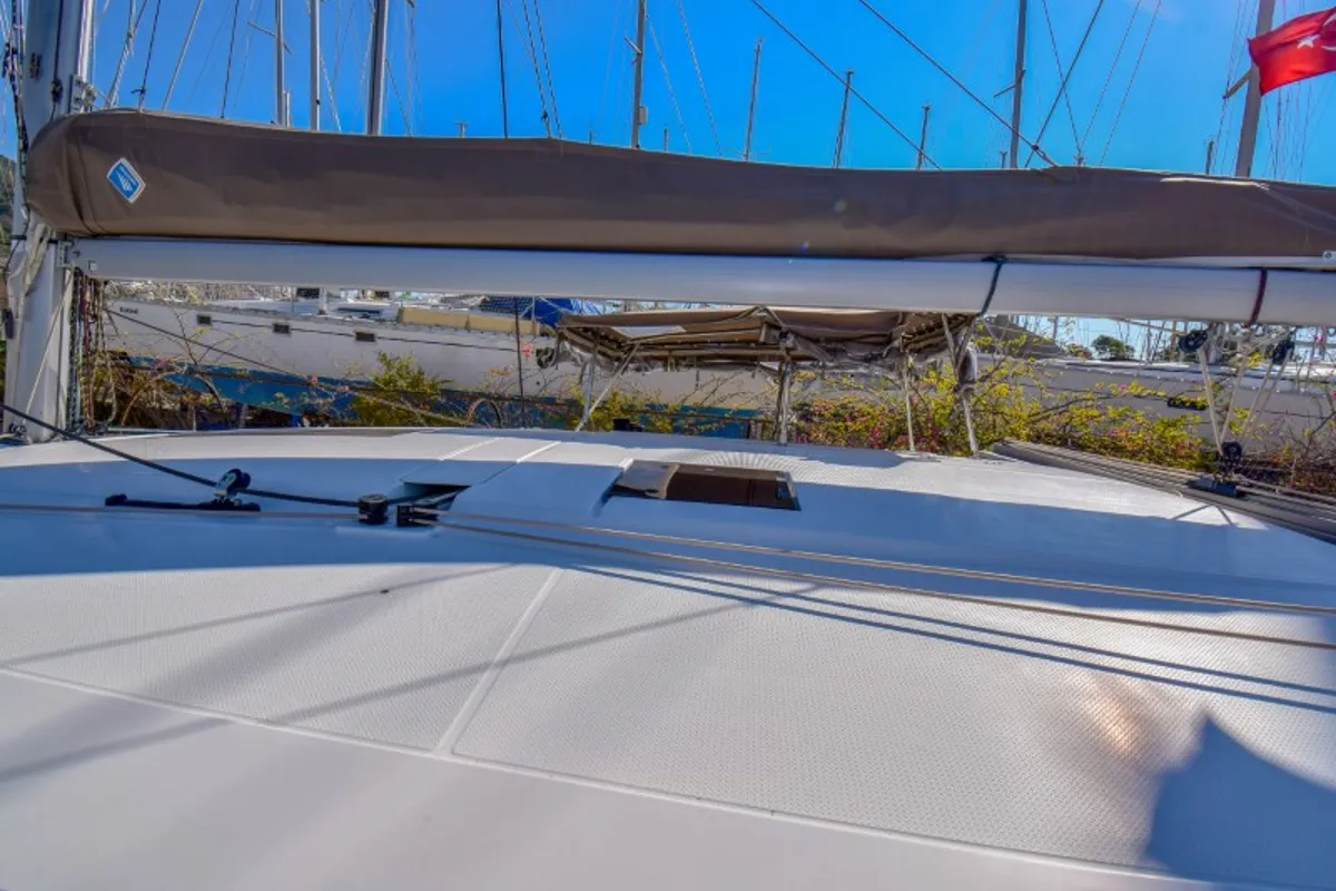 Deck of Amber, a Fountaine Pajot Lucia 40 catamaran at Marmaris, Turkey