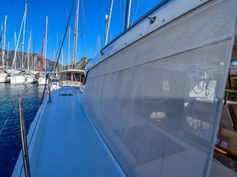 Exterior view of Amber, a Fountaine Pajot Lucia 40 catamaran at Marmaris, Turkey