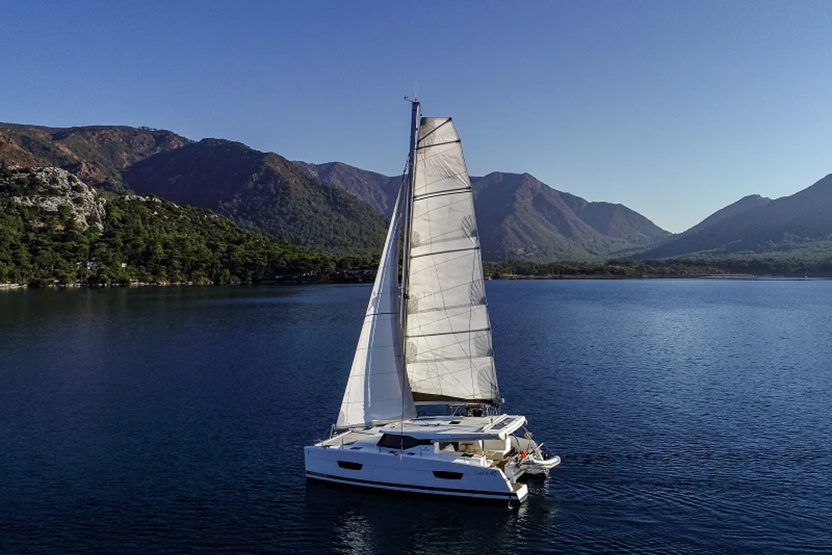 Exterior view of Amber, a Fountaine Pajot Lucia 40 catamaran at Marmaris, Turkey