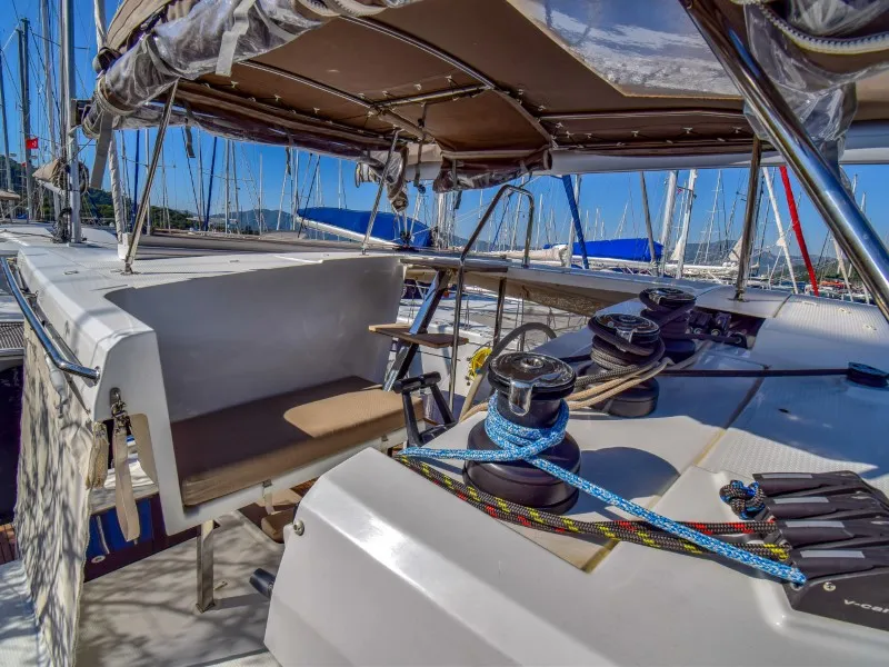 Deck of Amber, a Fountaine Pajot Lucia 40 catamaran at Marmaris, Turkey