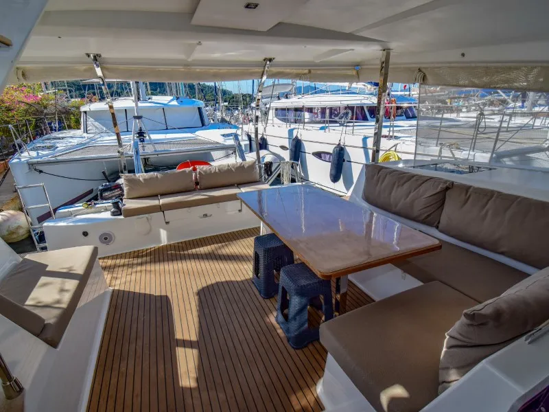 Deck of Amber, a Fountaine Pajot Lucia 40 catamaran at Marmaris, Turkey