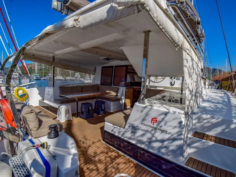 Deck of Amber, a Fountaine Pajot Lucia 40 catamaran at Marmaris, Turkey