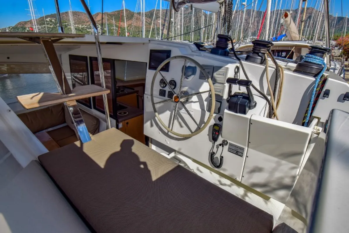 Cockpit of Amber, a Fountaine Pajot Lucia 40 catamaran at Marmaris, Turkey