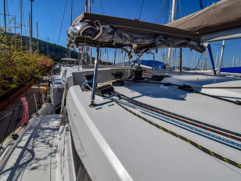 Deck of Amber, a Fountaine Pajot Lucia 40 catamaran at Marmaris, Turkey