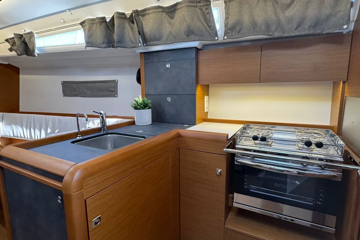Galley of Why Not, a Jeanneau Sun Odyssey 349 sailboat at Grad Biograd na Moru, Croatia