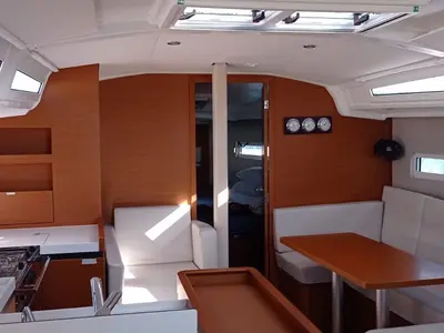 Galley of Alboran Albariño, a Jeanneau Sun Odyssey 410 sailboat at es Jonquet, Spain