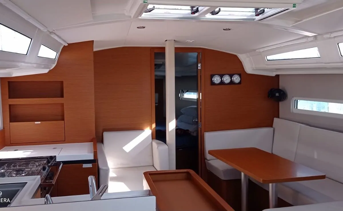 Galley of Alboran Albariño, a Jeanneau Sun Odyssey 410 sailboat at es Jonquet, Spain