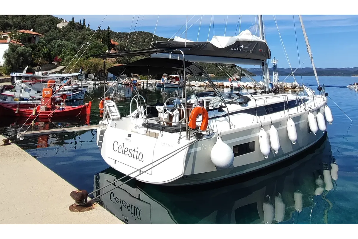 Exterior view of Celestia, a Bavaria C42 sailboat at Volos, Greece