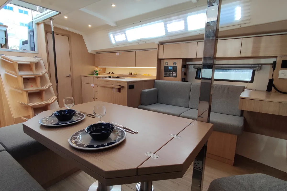 Salon of Celestia, a Bavaria C42 sailboat at Volos, Greece