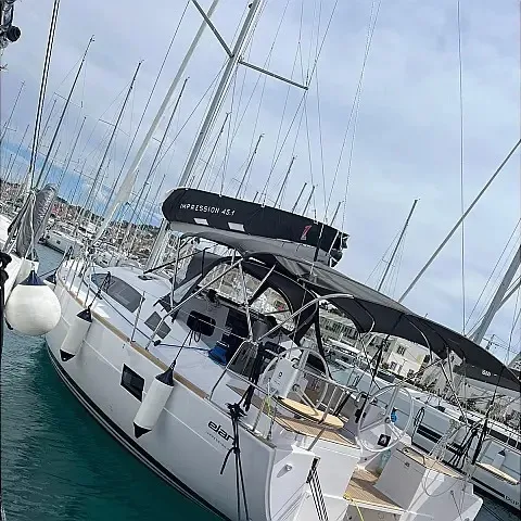 Exterior view of Lillemor II, a Elan Impression 45.1 sailboat at Grad Trogir, Croatia