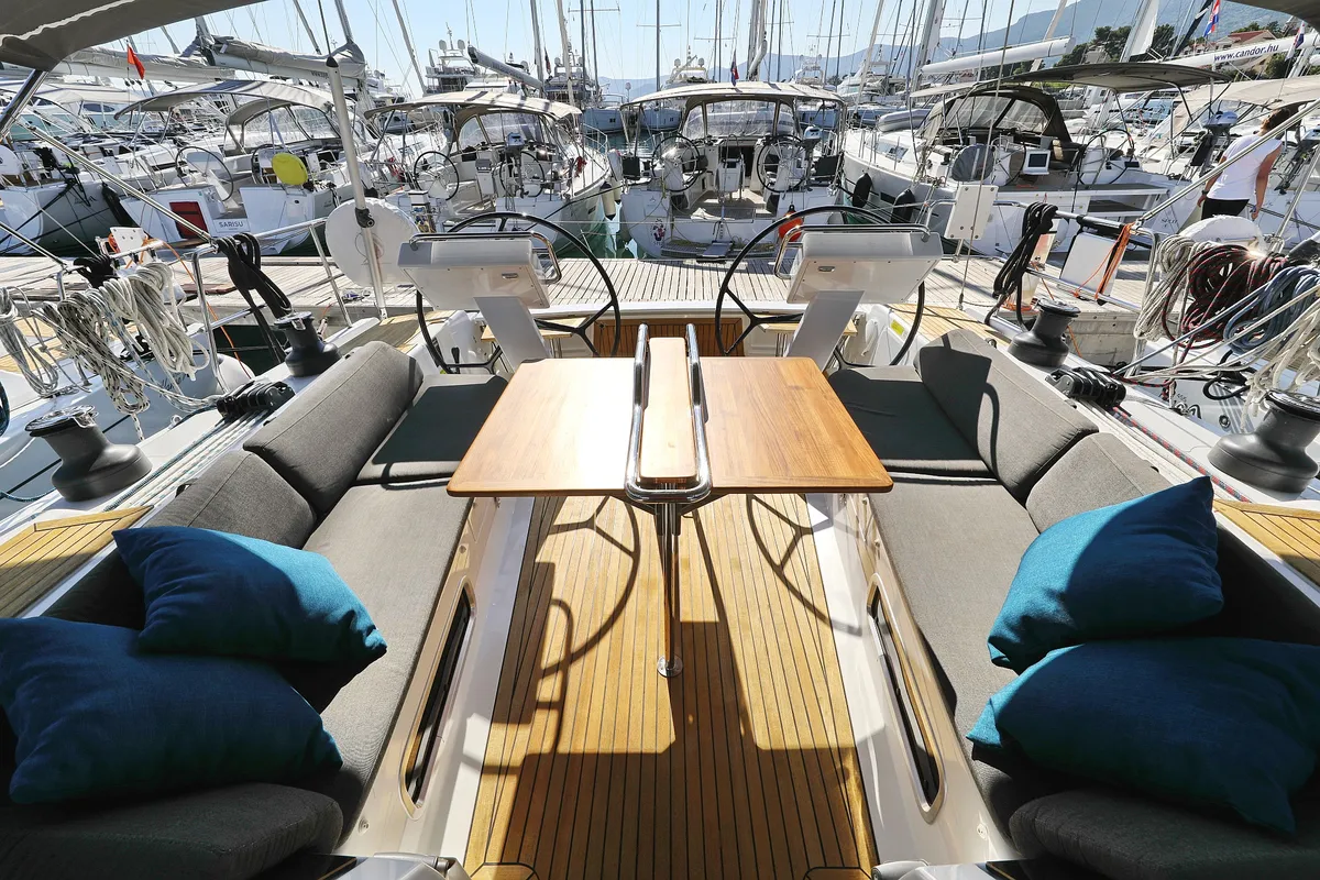 Deck of Blue Bonnet Af Lovnas - OW, a Hanse 505 sailboat at Grad Biograd na Moru, Croatia