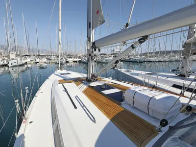 Deck of Blue Bonnet Af Lovnas - OW, a Hanse 505 sailboat at Grad Biograd na Moru, Croatia
