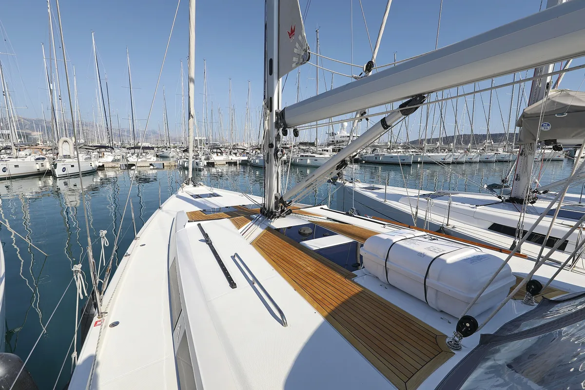 Deck of Blue Bonnet Af Lovnas - OW, a Hanse 505 sailboat at Grad Biograd na Moru, Croatia