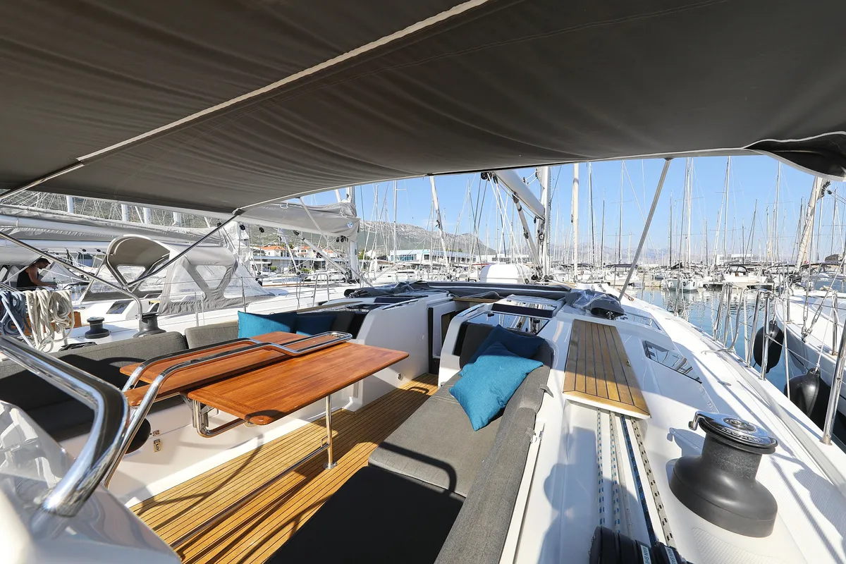 Deck of Blue Bonnet Af Lovnas - OW, a Hanse 505 sailboat at Grad Biograd na Moru, Croatia
