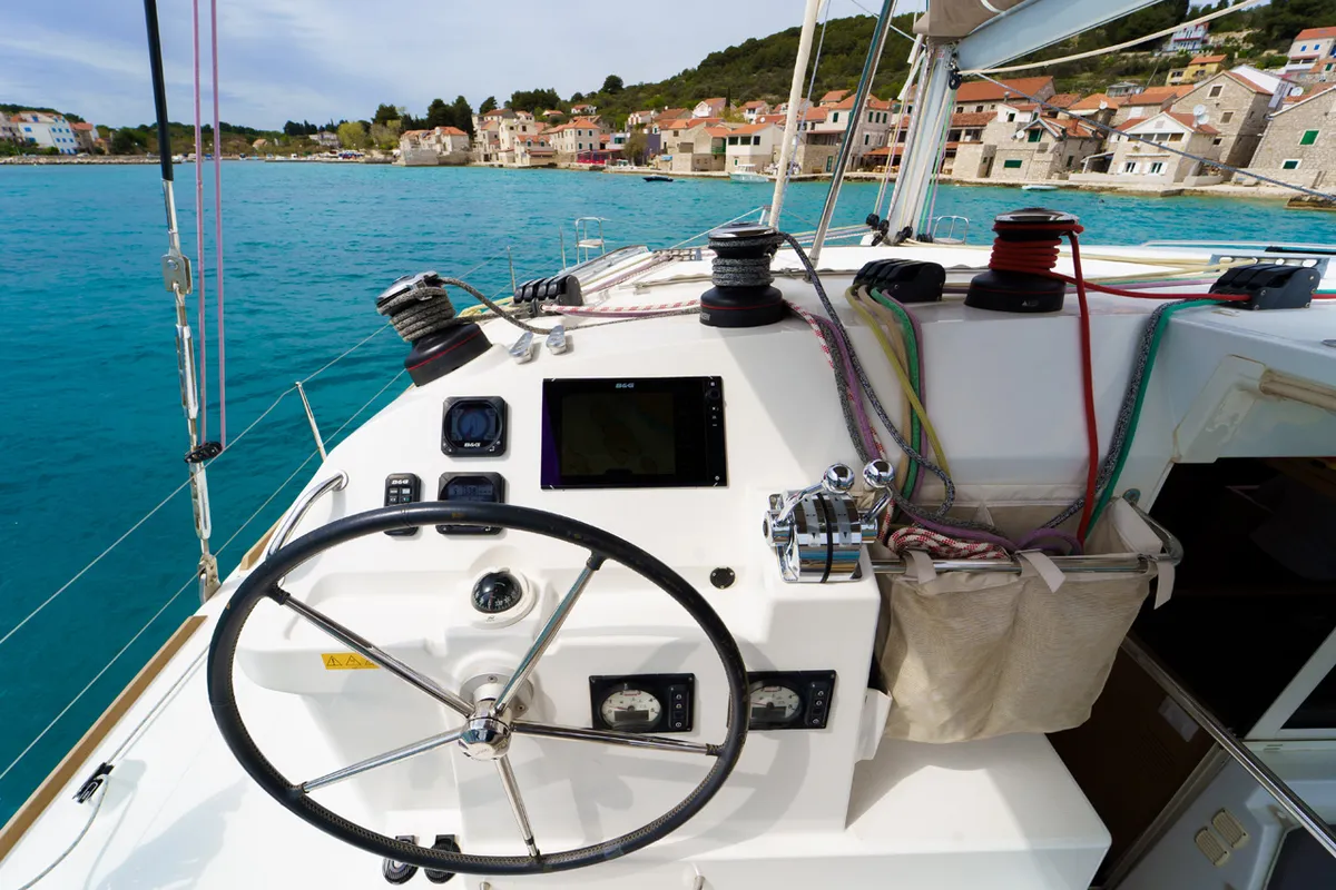 Cockpit of Miss Moneypenny, a Lagoon 400 S2 catamaran at Grad Šibenik, Croatia