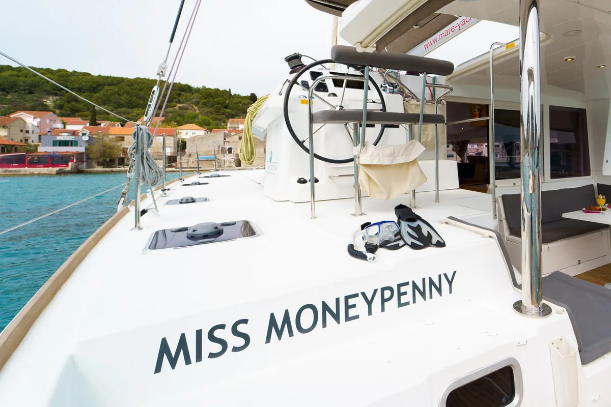 Deck of Miss Moneypenny, a Lagoon 400 S2 catamaran at Grad Šibenik, Croatia