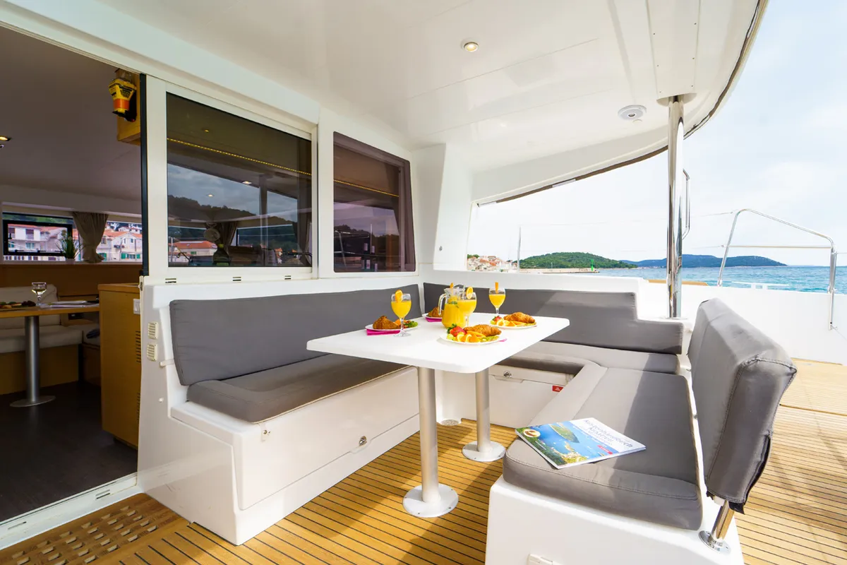 Deck of Miss Moneypenny, a Lagoon 400 S2 catamaran at Grad Šibenik, Croatia