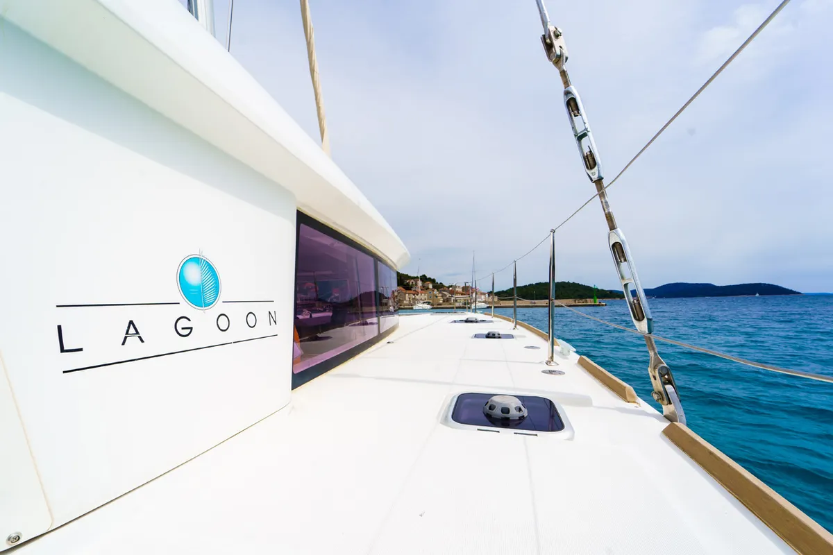 Deck of Miss Moneypenny, a Lagoon 400 S2 catamaran at Grad Šibenik, Croatia
