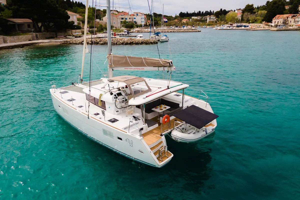 Exterior view of Miss Moneypenny, a Lagoon 400 S2 catamaran at Grad Šibenik, Croatia